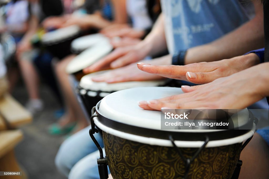 group of people with African drums Djembe Stock Photo