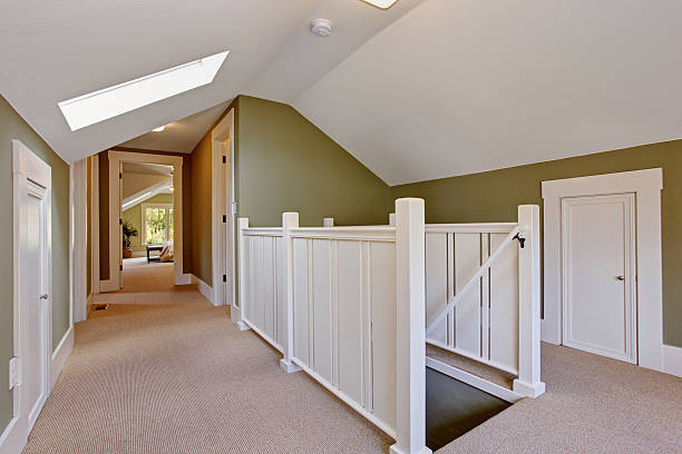 istock Green and white upstairs hallway with vaulted ceiling and skylig 520809363