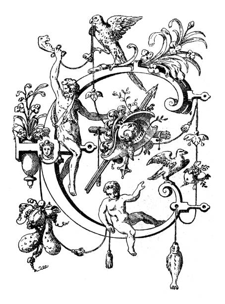 antyczne ilustracja ozdobny wielka litera c - child craft flower single flower stock illustrations