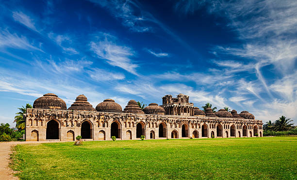 Ancient ruins of Elephant Stables in Royal Centre. Hampi, Karnataka, India. Stitched panorama