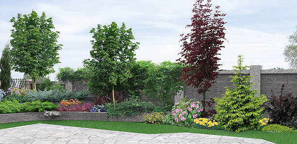 côté jardin en plantant de verdure, représentation en 3d - landscaped retaining wall wall stone photos et images de collection