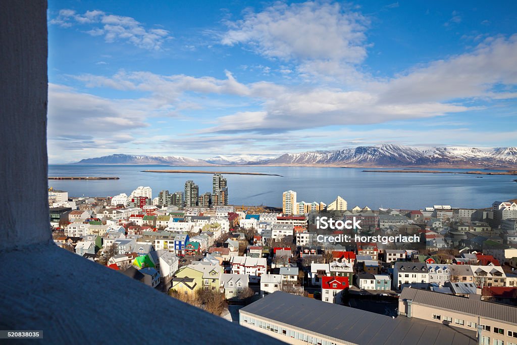 Reykjavik, Iceland Reykjavik, the capital of Iceland. Birds eye view of the city and a mountain range in the background. House Stock Photo
