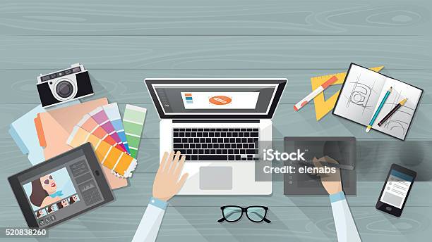Designer Working At Desk Stock Illustration - Download Image Now - Graphic Designer, Design Professional, Desk
