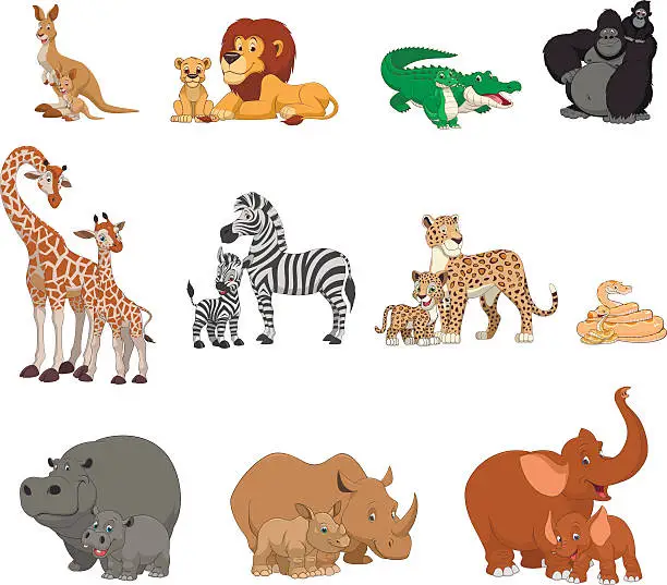 Vector illustration of Funny kids animals and parents