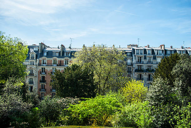istock Trees and buildings in Paris garden 520840393