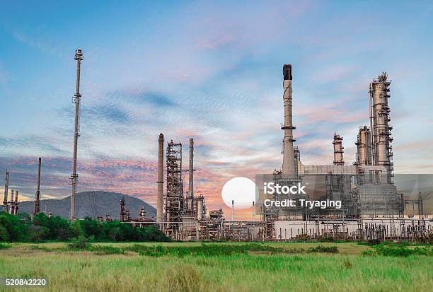 Oil Refinery At Twilight Petrochemical Plant Factory Oil Refinery Stock Photo - Download Image Now
