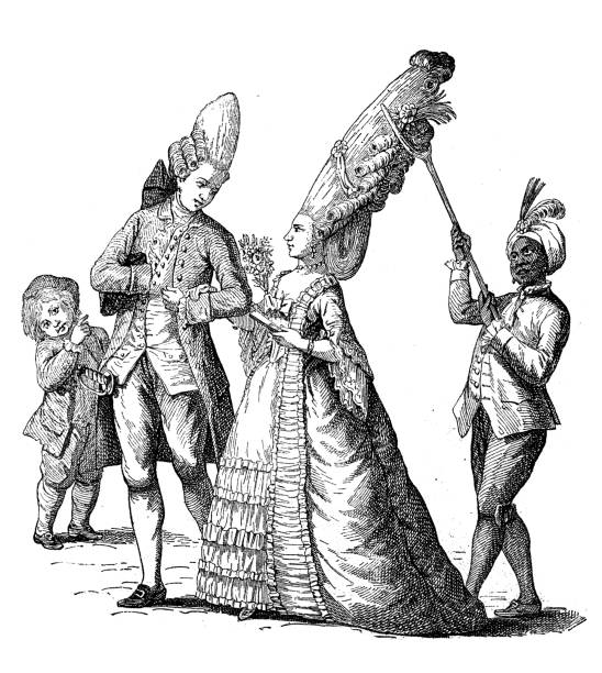 Antique illustration of woman with a very high hairdo Antique illustration of woman with a too high hairdo, from a 18th century French satirical caricature. An aristocratic lady has an incredibly large and high hairstyle that needs a slave to hold it up with a big pitchfork. antique pitchfork stock illustrations