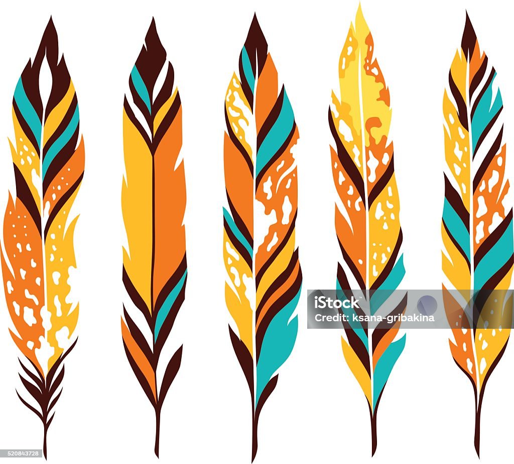 Bird colored feathers set Bird colored feathers isolated on white background. Feather stock vector