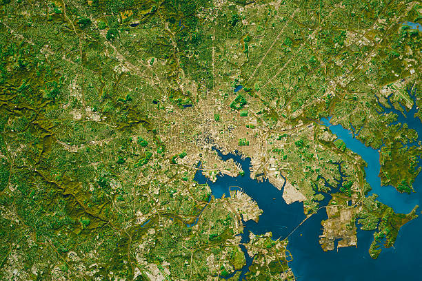 mapa de la ciudad de baltimore levantamiento topográfico color natural - satellite view fotos fotografías e imágenes de stock