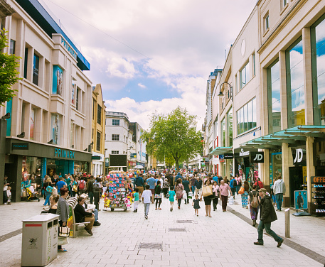 Queen Street in central Cardiff, busy with Saturday shoppers.