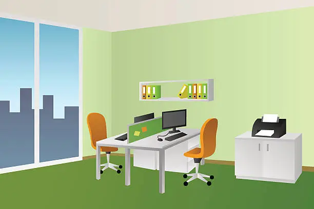 Vector illustration of Office room green interior white table orange chair window vector