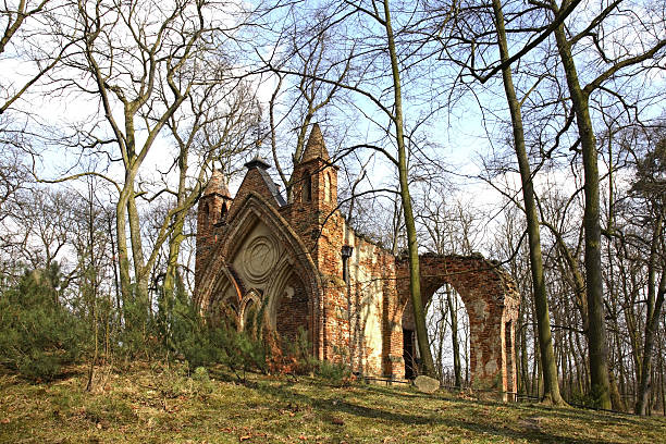 руины готической дом в аркадия парк. графство лович. польша - lowicz стоковые фото и изображения