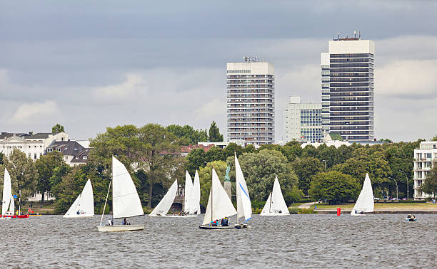 Sailing boats on the Outer Alster lake (Aussenalster) in Hamburg