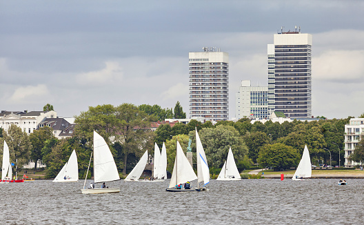 Sailing boats on the Outer Alster lake (Aussenalster) in Hamburg