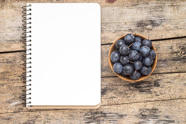 istock Fresh blueberry or blackthorn berries with blank recipe book 520861423