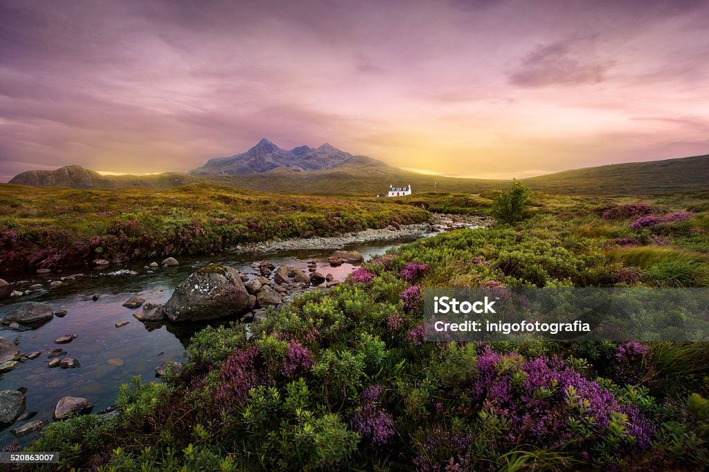 Sligachan river, Scotland Colorful sunset over the Scottish Higlands, river Sligachan, Scotland Scotland Stock Photo