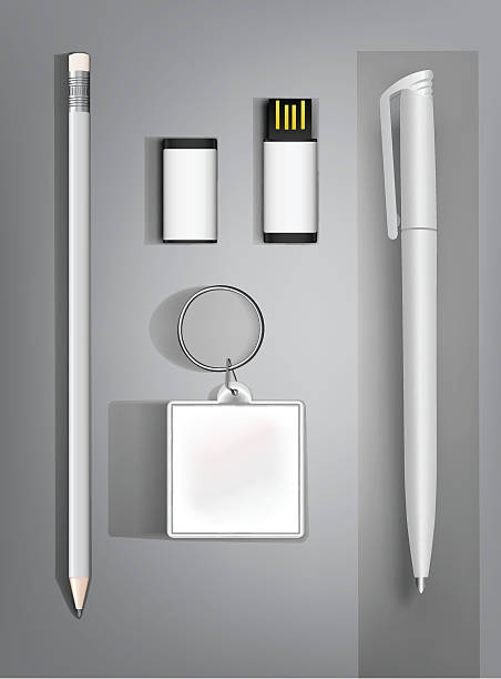 Mock Up  with a pencil, pen, flash and  key ring vector art illustration