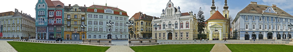 Timisoara, Romania - March 20, 2016: Panoramic view with historical buildings in Union Square, Timisoara, Romania.