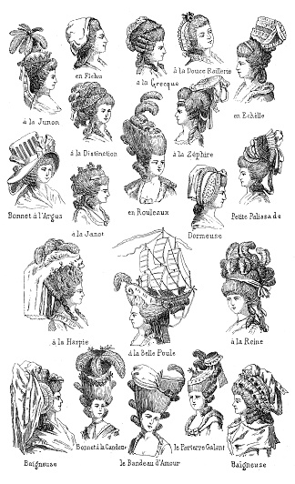 Antique illustration of different 18th century French women's hairstyles with their names, a lot of extravagant and eccentric hairdos used by the 18th century aristocratic ladies (collection taken from 18th century fashion magazine)