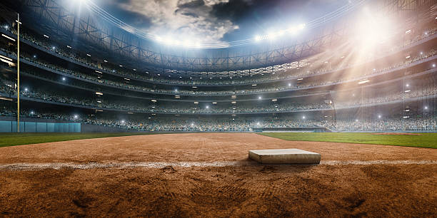 Baseball stadium A wide angle of a outdoor baseball stadium full of spectators under a stormy night sky. The base is seen. The image has depth of field with the focus on the foreground part of the pitch. Stadium and all elements are made in 3D. baseball stock pictures, royalty-free photos & images