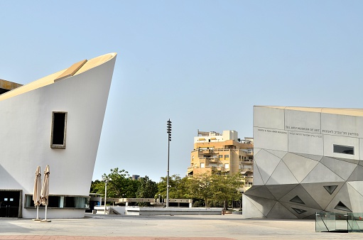 Tel Aviv, Israel - September 12, 2015: Tel Aviv Museum of Art Complex, in a summer day after a sandstorm. The museum houses a comprehensive collection of classical and contemporary art, especially Israeli art.