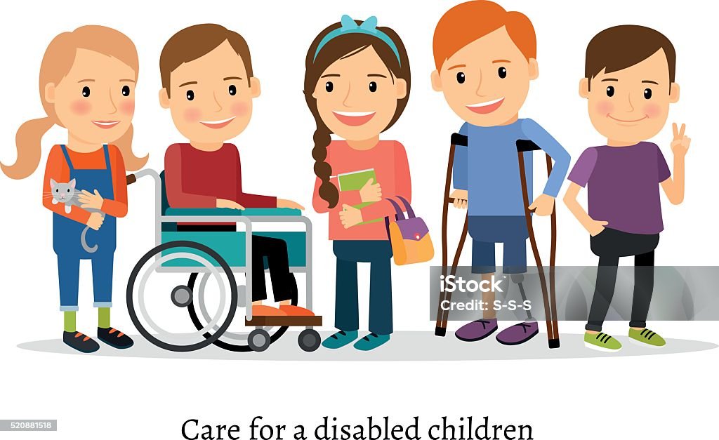 Los niños minusválidos o con amigos para personas con discapacidades - arte vectorial de Diversidad funcional libre de derechos