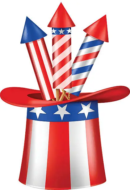 Vector illustration of Uncle Sam's hat with three rockets in it. Independence Day.