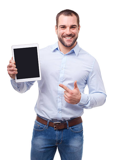 istock Businessman in blue shirt shows touch screen 520883846