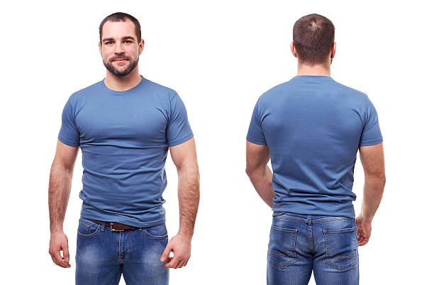 istock Man in blue t-shirt on white background 520884386