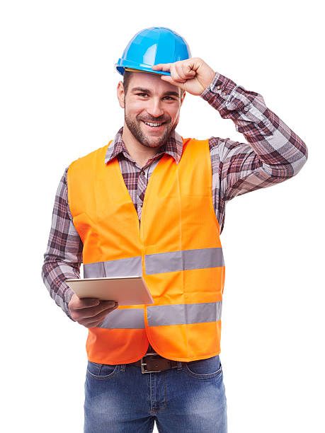 arbeiter mit tablet pc - construction worker hardhat safety manual worker stock-fotos und bilder