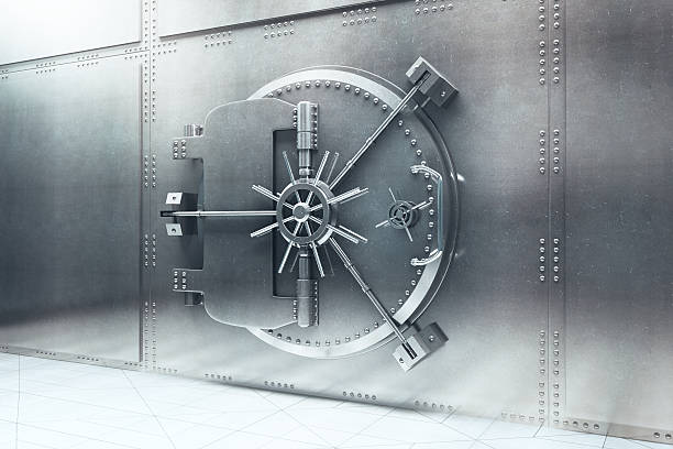 Bank vault side Closed steel bank vault door. 3D Render digital repository stock pictures, royalty-free photos & images