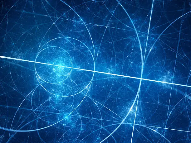 Blue glowing fibonacci circles in space, golden ratio, mathematics, computer generated abstract background