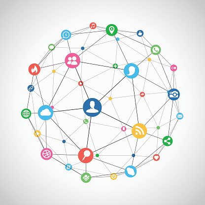 Scalable EPS10 vector illustration of a connected social network. Brightly coloured social media and communication icons are linked together like nodes between lines to create a wireframe icosahedron.