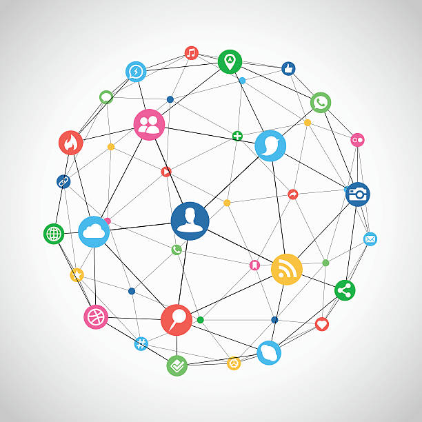 Connected Social Network Scalable EPS10 vector illustration of a connected social network. Brightly coloured social media and communication icons are linked together like nodes between lines to create a wireframe icosahedron. social media infographics stock illustrations