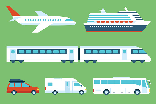 Vector set of travel transportation: airplane, cruise liner, train, car, camping car, bus. Side view. Flat style.