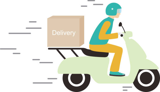 delivery with motorcycle, vector delivery with motorcycle, vector electric motor white background stock illustrations