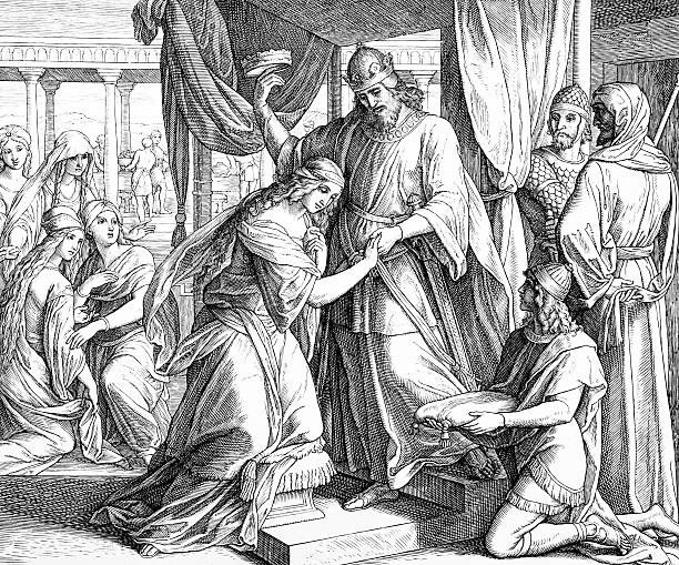 The Coronation of Esther Engraving by the German painter Julius Schnorr von Carolsfeld (March 26, 1794 - May 24, 1872) esther bible stock illustrations