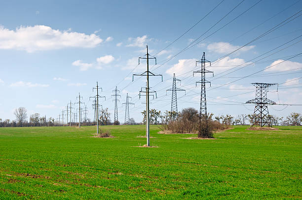 istock Many power tensions and lines on the field 520889955