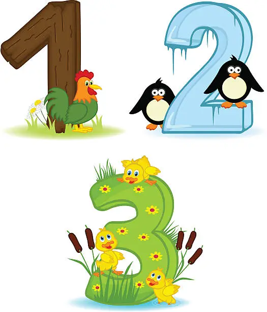 Vector illustration of set of numbers with number of animals from 1 to 3