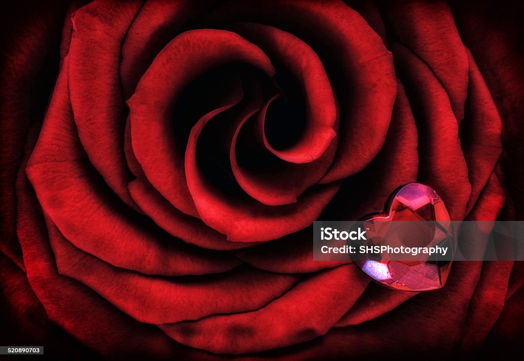 Macro Red Rose with Crystal Heart A close up macro of a vibrant red rose with a small heart shaped crystal sitting on top of it. Above Stock Photo