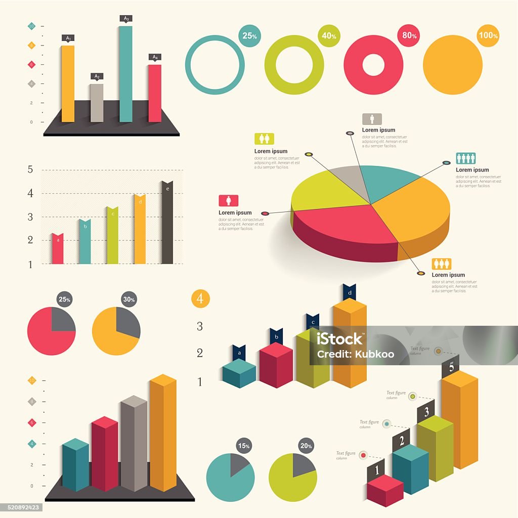 Set of business flat, 3D design graph. Infographics charts. Three Dimensional stock vector