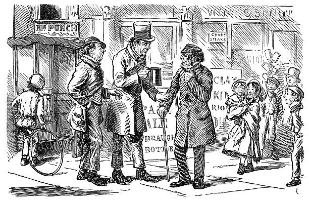 illustrazioni stock, clip art, cartoni animati e icone di tendenza di victorian uomo parlando al di fuori di un pub street - english culture talking men listening
