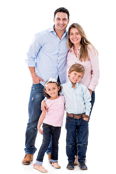 feliz familia sonriendo - family white family with two children cheerful fotografías e imágenes de stock