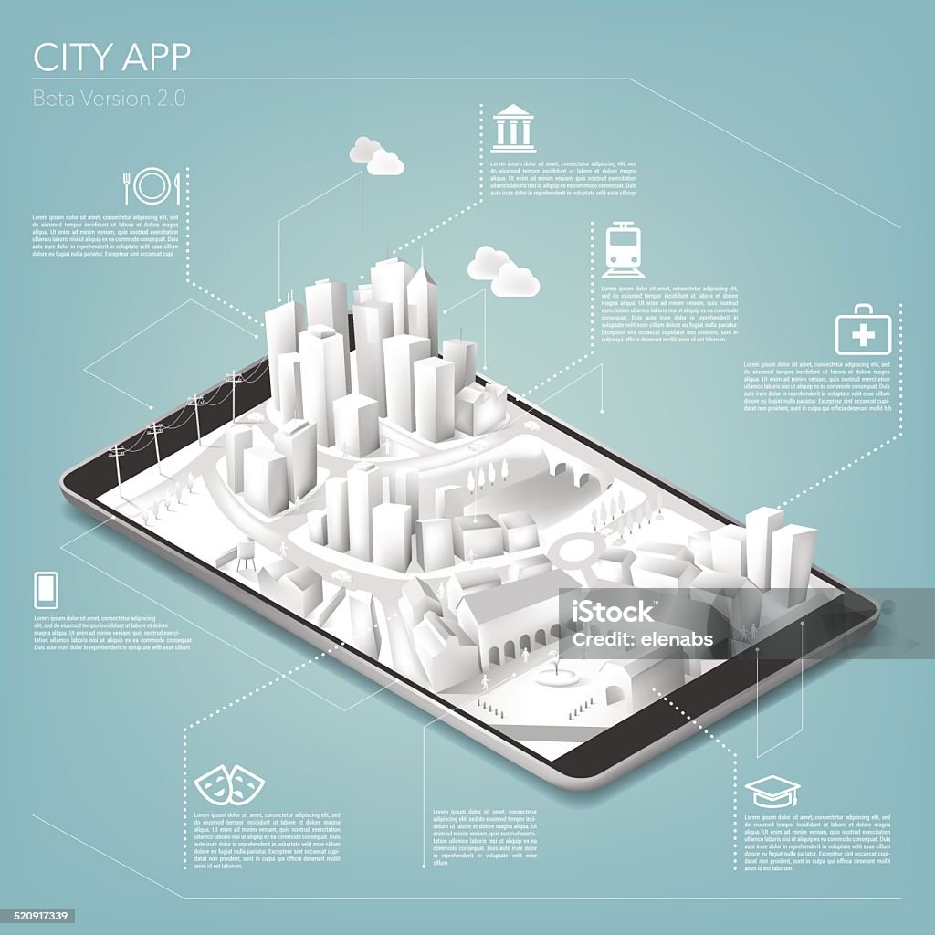 City app on tablet City app on tablet with tridimensional buildings on digital tablet, icons set and text. Three Dimensional stock vector