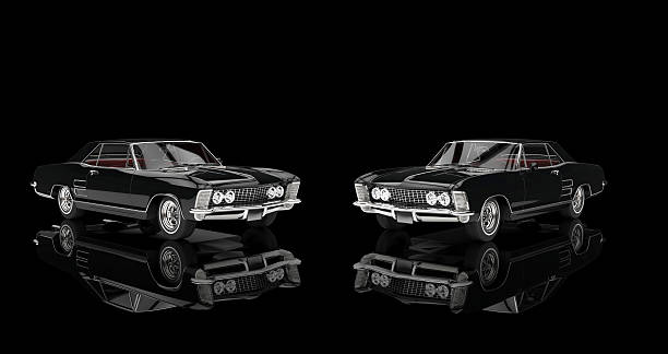 istock Two classic cars - on black reflective background 520935372