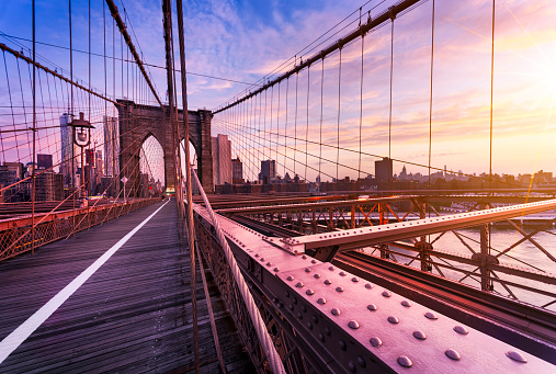 New York City, USA, early in the morning on the famous Brooklyn Bridge