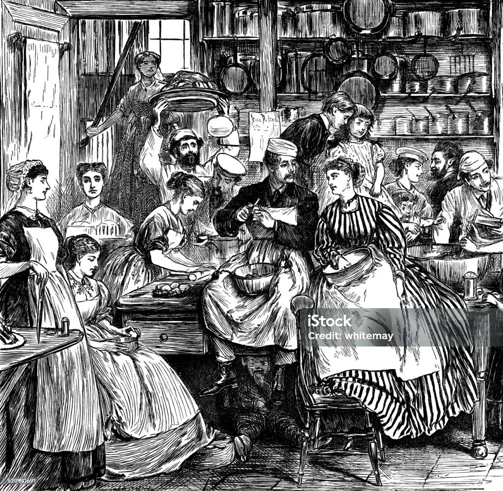 Numerous Victorian people in a kitchen A Victorian kitchen filled with people doing various tasks. A number of children are watching - or sampling the wares. Perhaps they are preparing for Christmas, or a feast. From “Punch Almanack for 1865”. Punch was a British magazine newspaper founded in 1841, famous for its humorous and satirical cartoons which were created by some of the foremost illustrators of the day: the Almanack was a supplement. Domestic Staff stock illustration