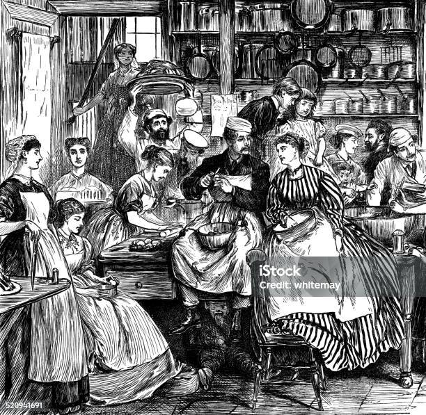 Numerous Victorian People In A Kitchen Stock Illustration - Download Image Now - Domestic Staff, Victorian Style, 1860-1869