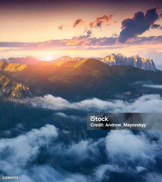 View Of The Foggy Val Di Fassa Valley Stock Photo - Download Image Now - Adventure, Atmospheric Mood, Austria