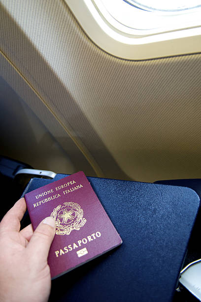 istock on the airplane with Italian Passport 520942357